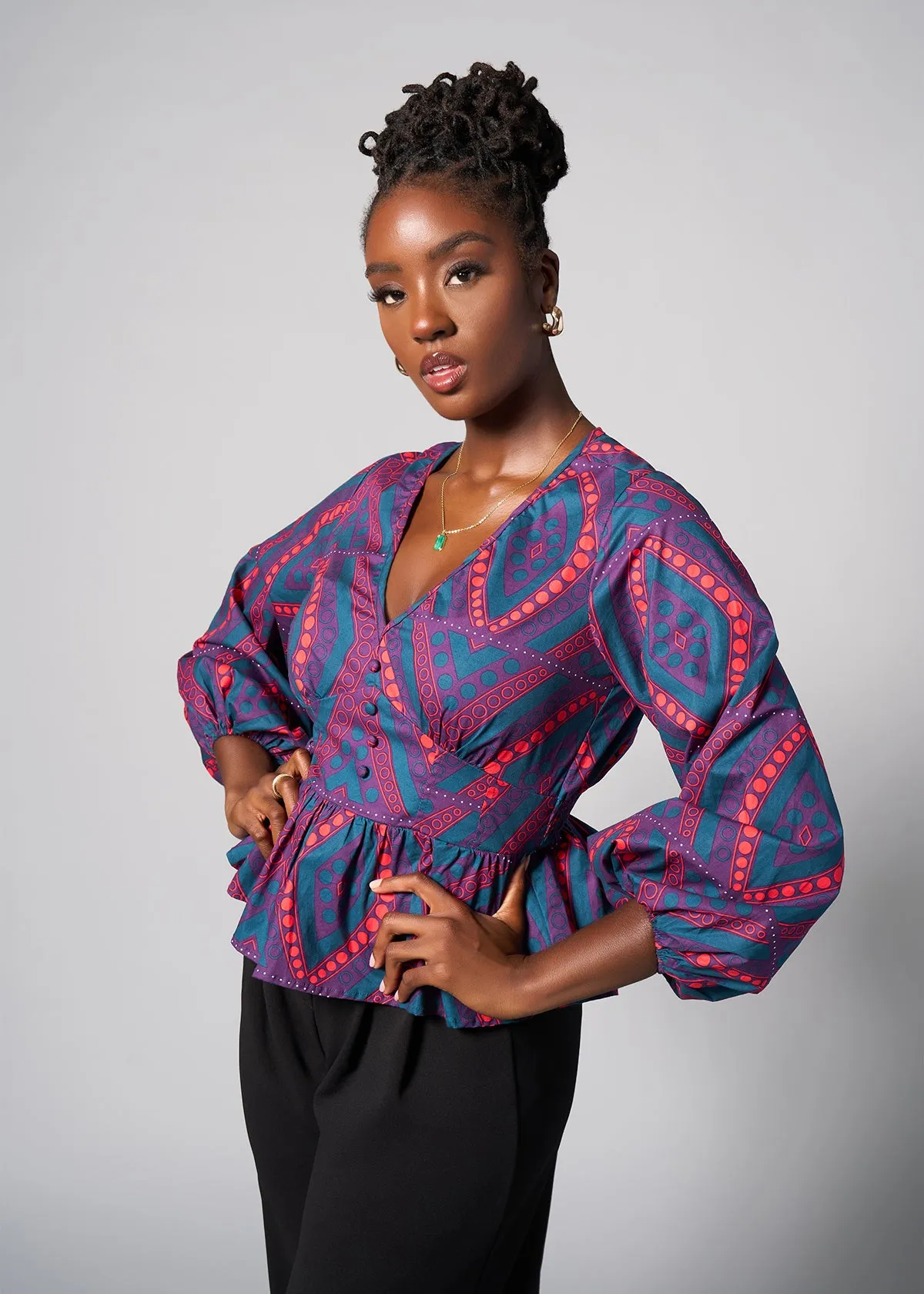 Imudara Women's African Print Peplum Blouse (Rhubarb Retro Diamonds) - Clearance sold by D'iyanu product image thumbnail 2