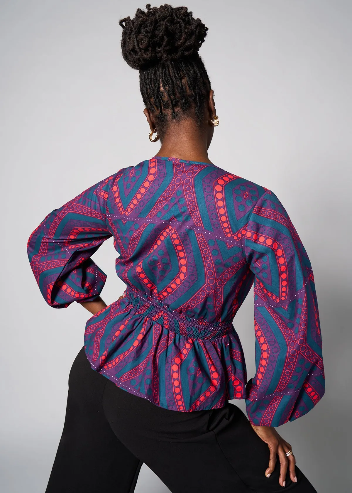 Imudara Women's African Print Peplum Blouse (Rhubarb Retro Diamonds) - Clearance sold by D'iyanu product image thumbnail 3