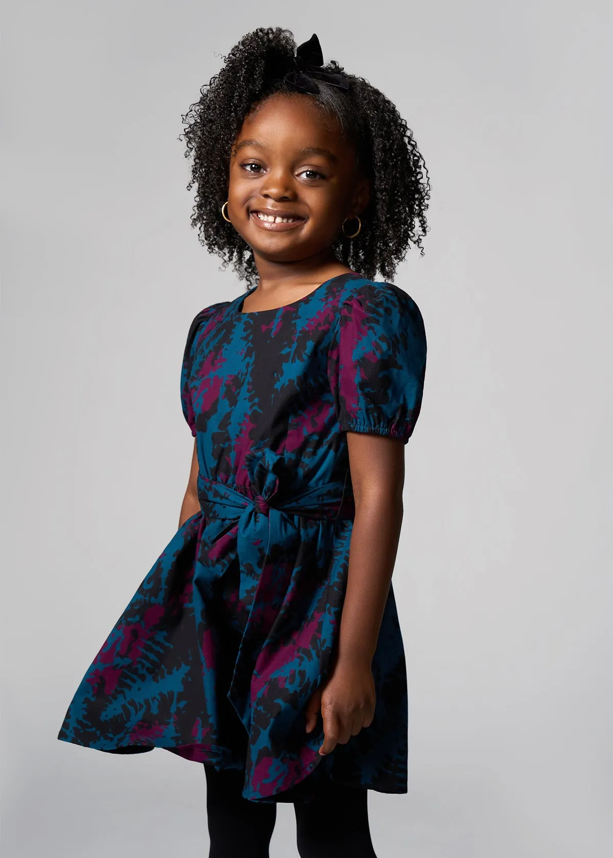Akua Girl's African Print Dress (Midnight Teal Abstract) sold by D'iyanu