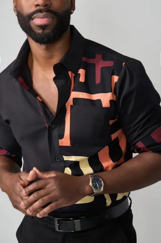 Abiade Men's African Print Button-Up Shirt (Neutral Kuba Geometric) sold by D'iyanu