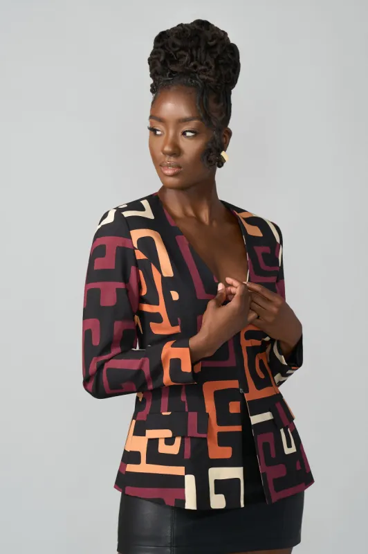 Fafa Women's African Print Stretch Zip-Up Blazer (Neutral Kuba Geometric) made by D'iyanu