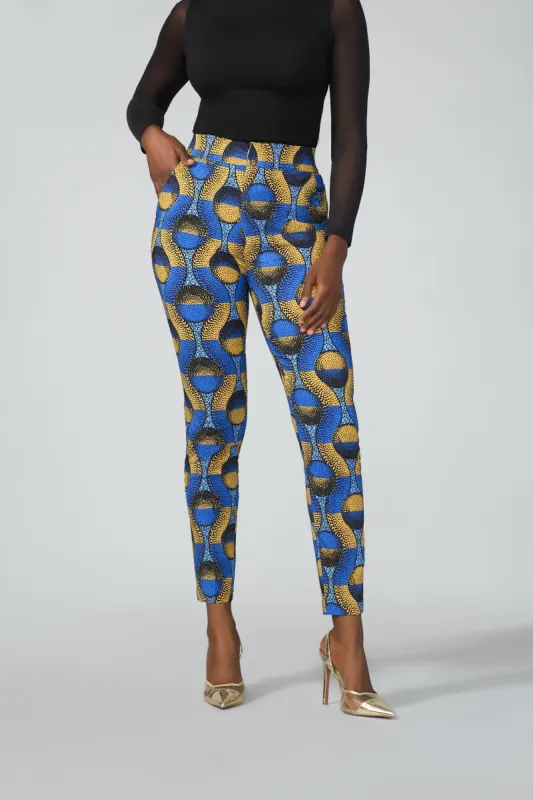 Talia Women's African Print Stretch Pants (Blue Gold Circles) sold by D'iyanu