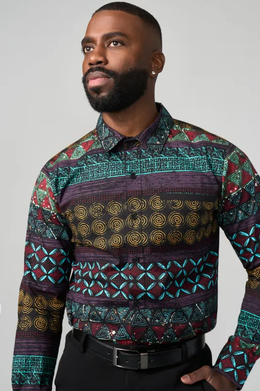 Mazi Men's African Print Button-up Shirt (Teal Maroon Multipattern) sold by D'iyanu