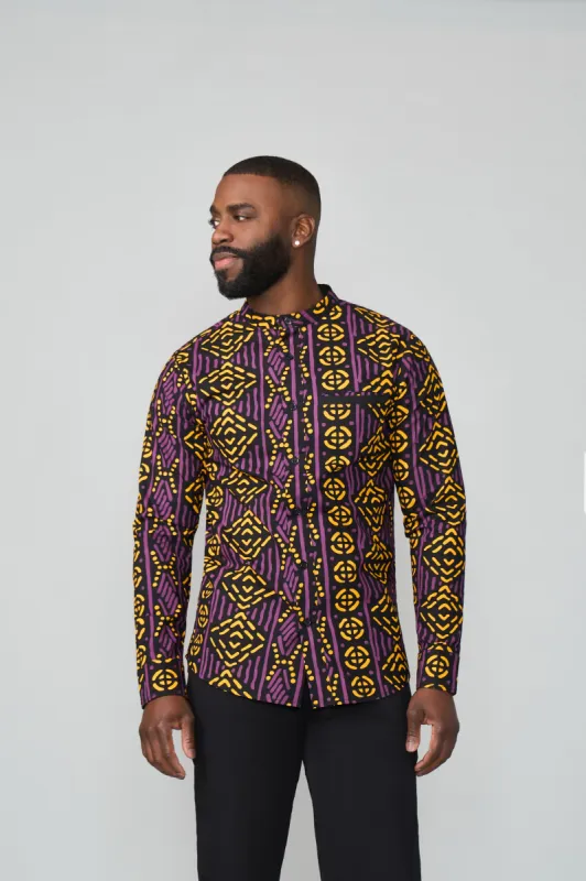 Jamal Men's African Print Mandarin Shirt (Gold Purple Mudcloth) sold by D'iyanu