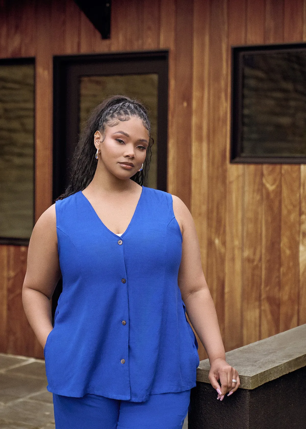 Ifeoma Women's Linen Blend Button-Up Vest (Cobalt) - Clearance sold by D'iyanu