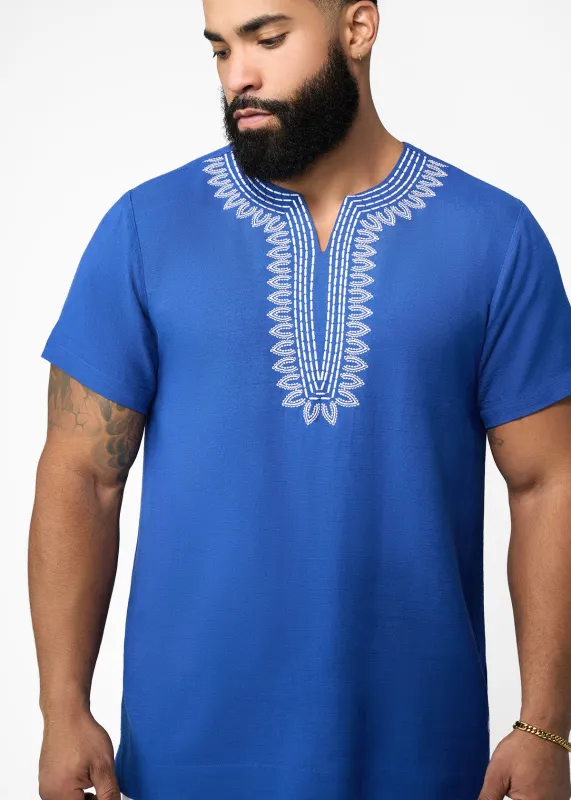 Izibili Men's Embroidered African Linen Blend Tunic (Cobalt) sold by D'iyanu