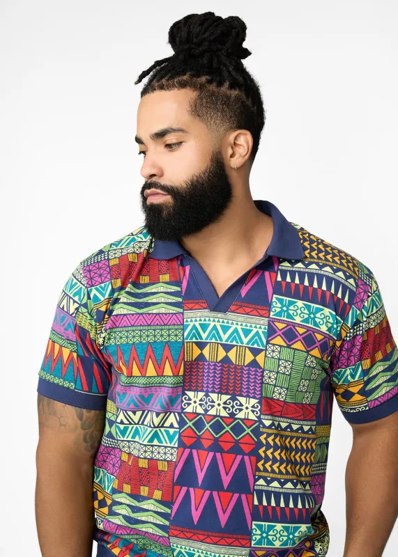 Lesego Men's African Print Polo Shirt (Green Navy Kente) - Clearance sold by D'iyanu