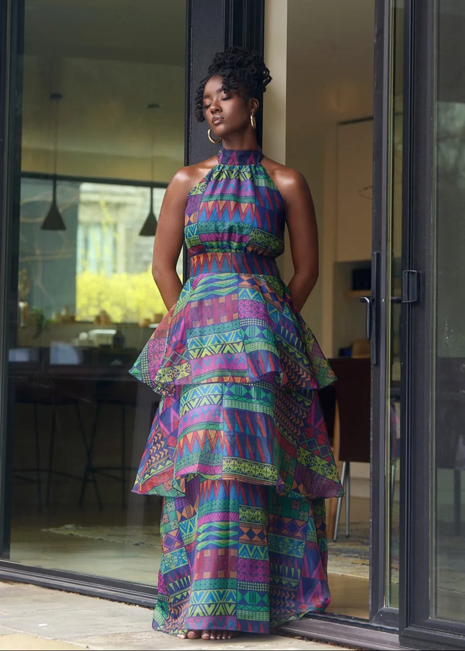 Fatimata Women's African Print Organza Maxi Dress (Navy Green Kente) sold by D'iyanu