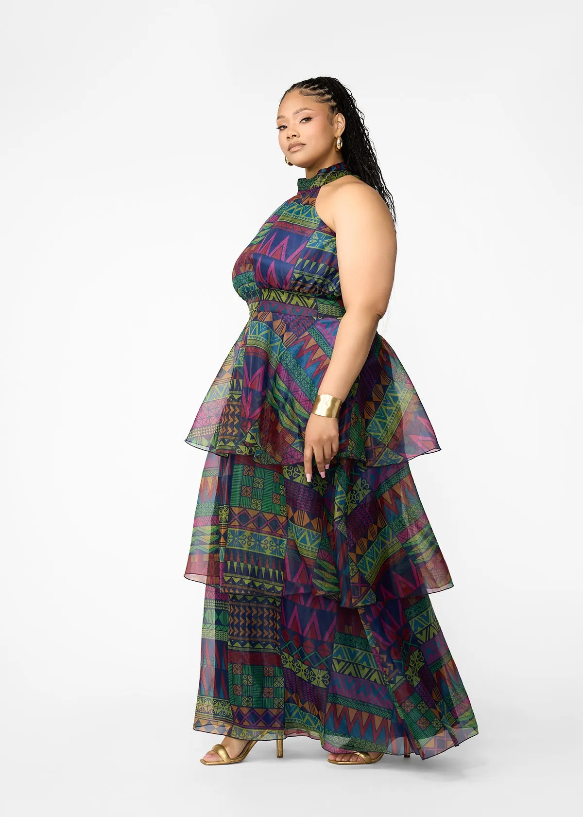 Fatimata Women's African Print Organza Maxi Dress (Navy Green Kente) sold by D'iyanu product image thumbnail 4