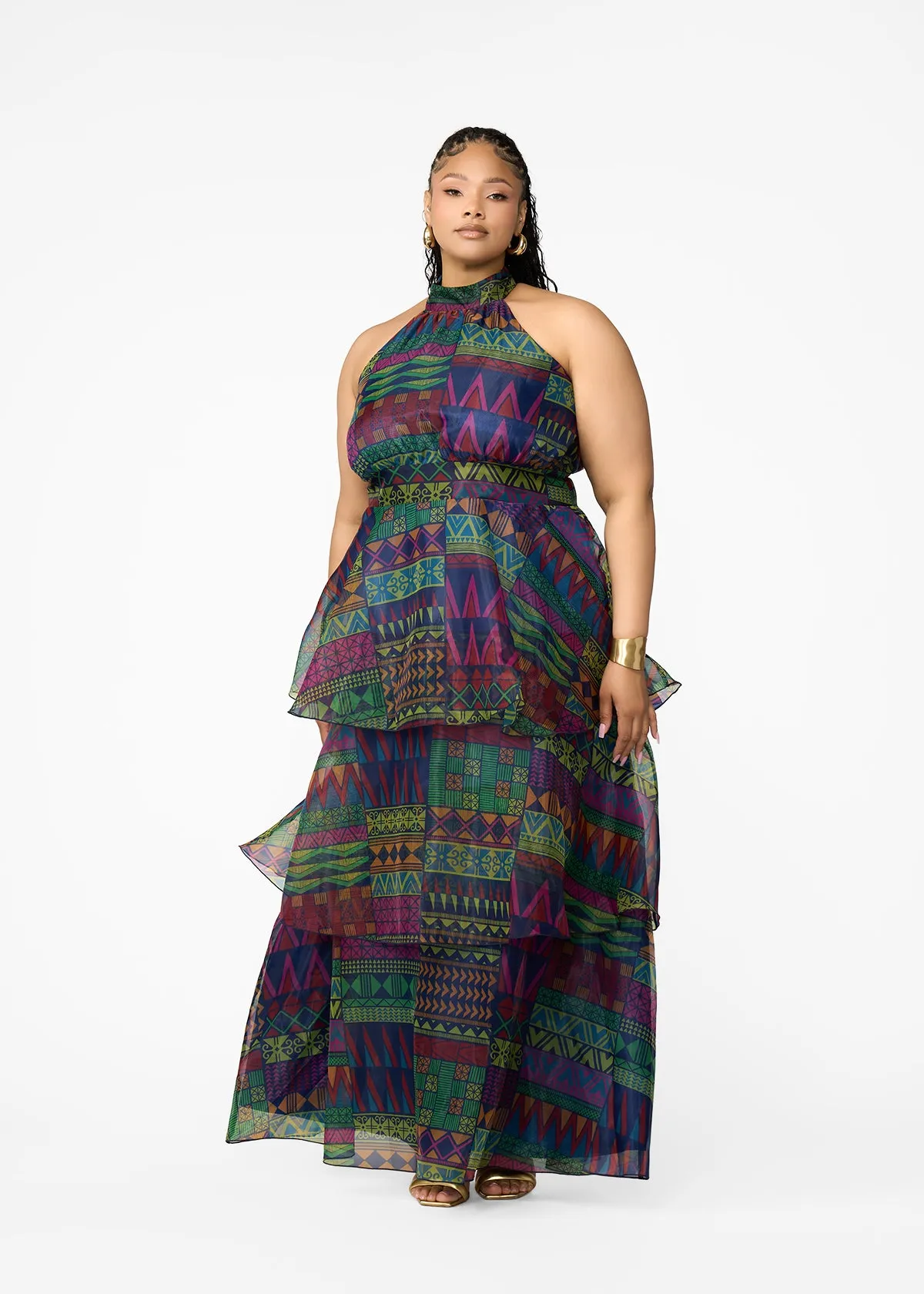 Fatimata Women's African Print Organza Maxi Dress (Navy Green Kente) sold by D'iyanu product image thumbnail 2