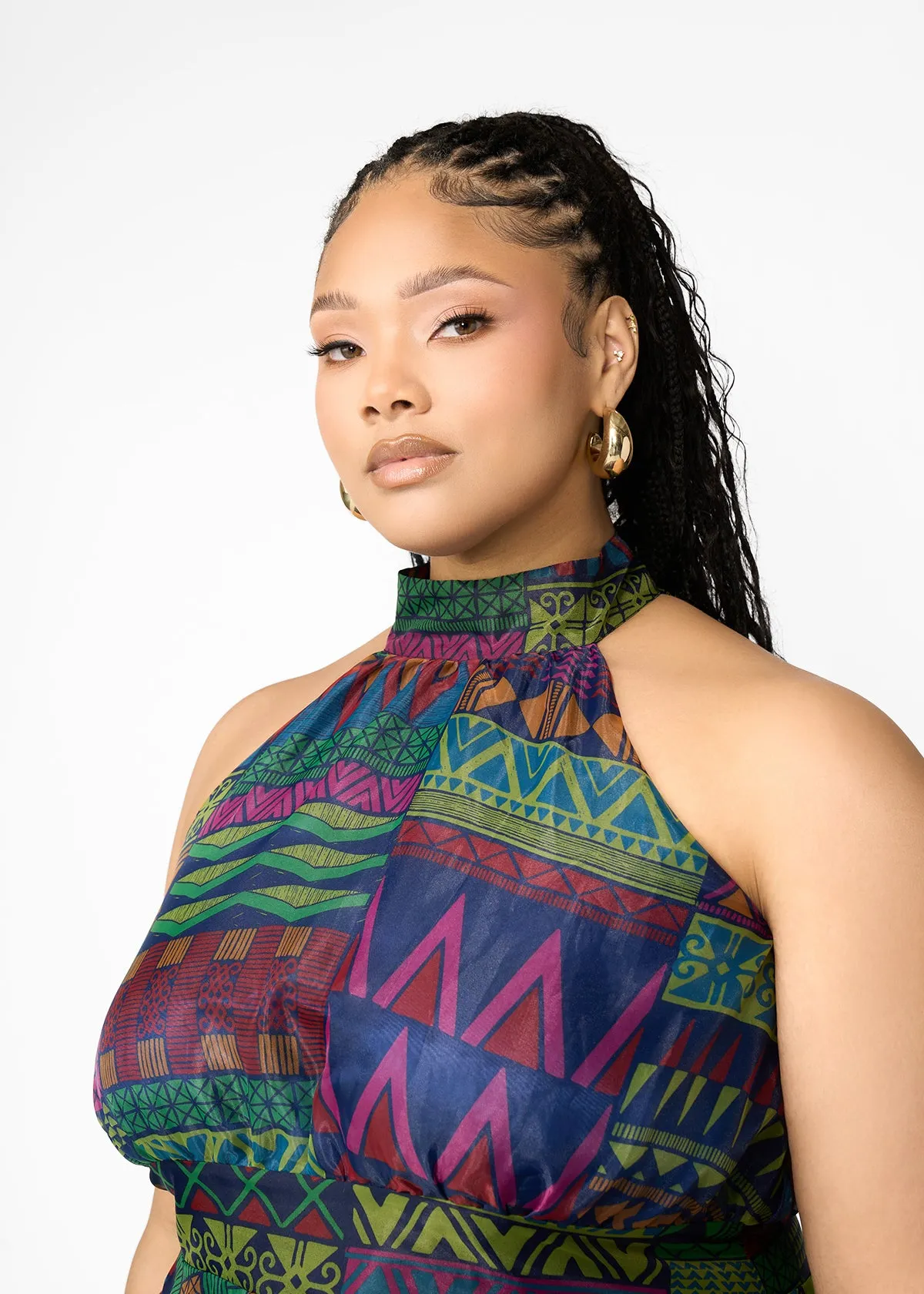 Fatimata Women's African Print Organza Maxi Dress (Navy Green Kente) sold by D'iyanu product image thumbnail 3