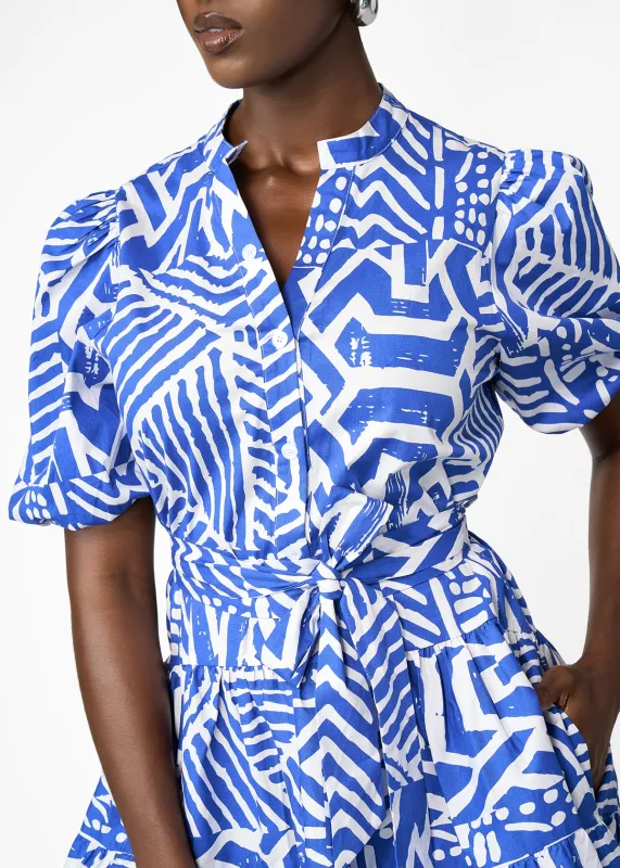 Mojisola Women's African Print Puff Sleeve Mini Dress (White Cobalt Tribal) sold by D'iyanu
