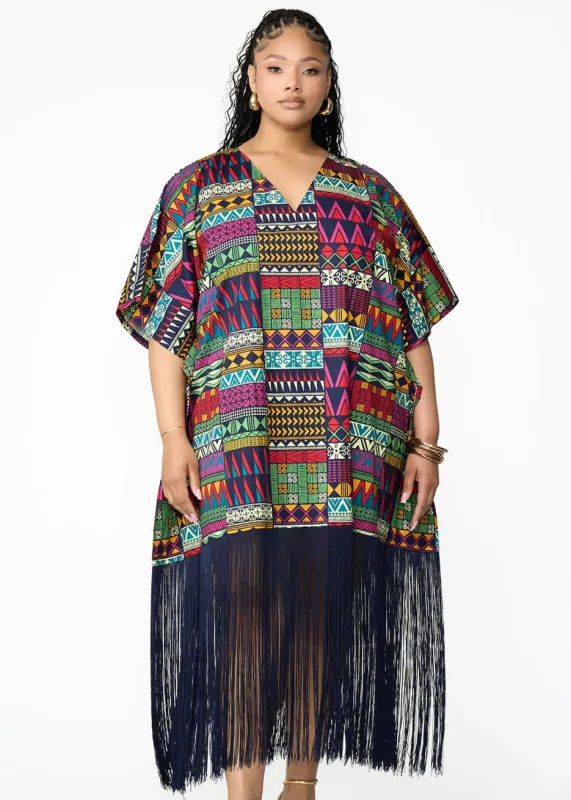 Nima Women's African Print Kaftan with Fringe (Green Navy Kente) - Clearance sold by D'iyanu