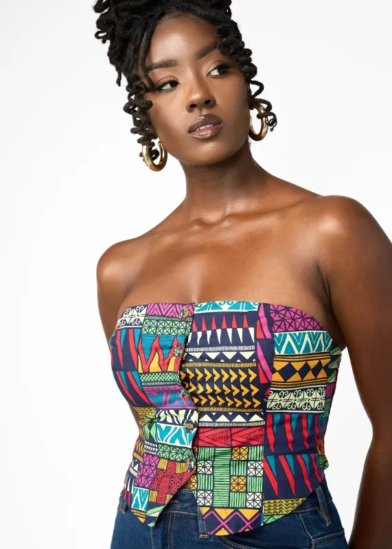 Tanina Women's African Print Button-Up Bandeau Top (Green Navy Kente) sold by D'iyanu