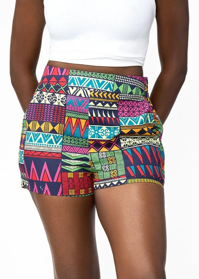 Rakiya Women's African Print High-Waisted Shorts (Green Navy Kente) sold by D'iyanu