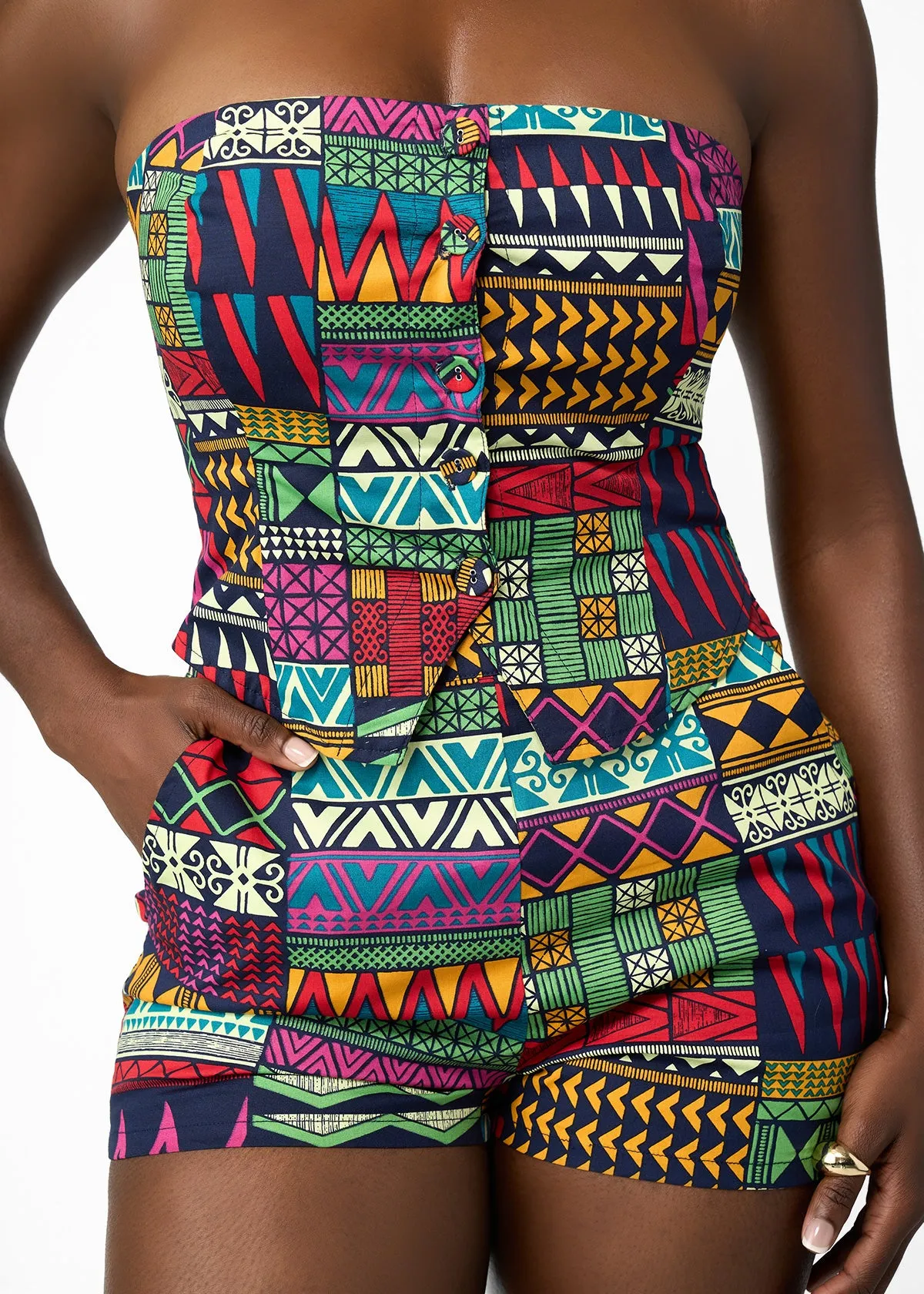 Rakiya Women's African Print High-Waisted Shorts (Green Navy Kente) sold by D'iyanu product image thumbnail 4