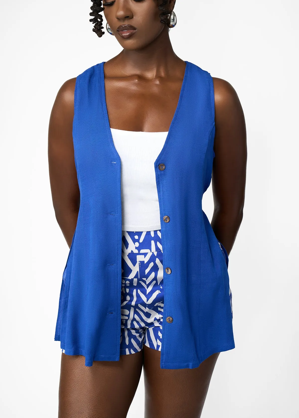 Rakiya Women's African Print High-Waisted Shorts (White Cobalt Tribal) sold by D'iyanu product image thumbnail 4
