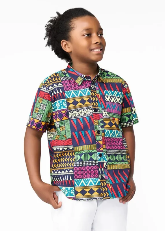 Kelechi Boy's African Print Button-Up (Green Navy Kente) sold by D'iyanu
