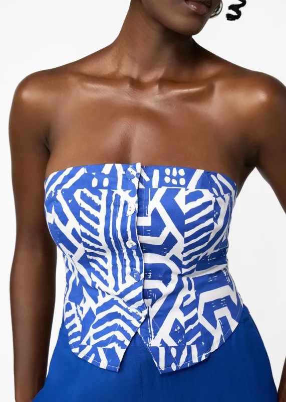 Tanina Women's African Print Button-Up Bandeau Top (White Cobalt Tribal) sold by D'iyanu