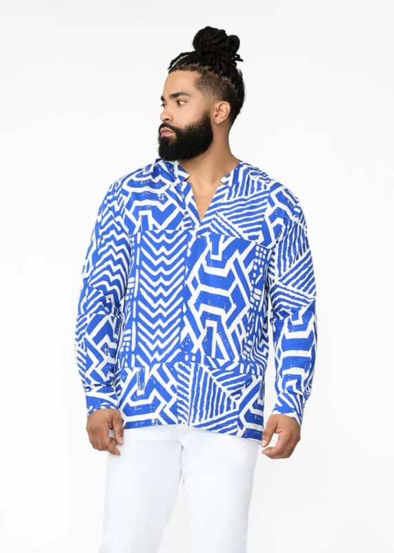Ajisomo Men's African Print Tunic (White Cobalt Tribal) sold by D'iyanu