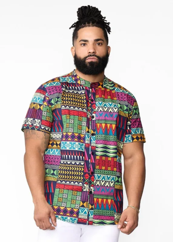 Oumar Men's African Print Mandarin Button-Up Shirt (Green Navy Kente) sold by D'iyanu