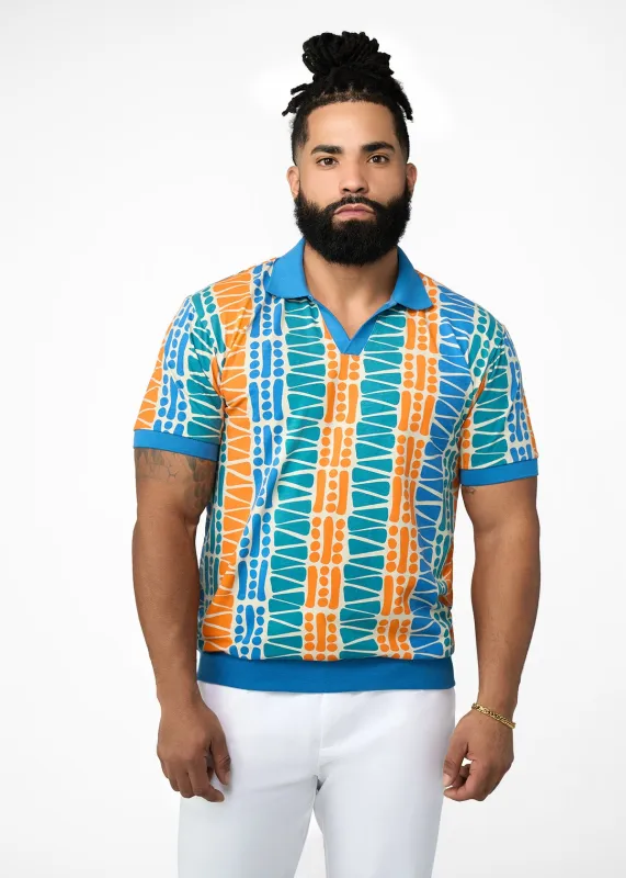 Lesego Men's African Print Polo Cotton Blend Shirt (Khaki Tribal Motifs) - Clearance sold by D'iyanu