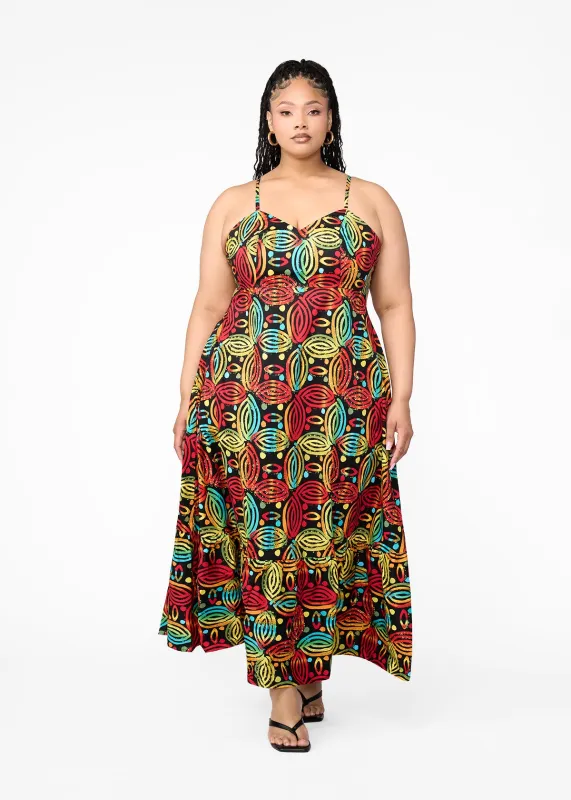 Oneyka Women's African Print Cut-Out Maxi Dress (Black Rasta Batik) - Clearance sold by D'iyanu