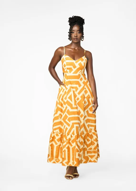 Oneyka Women's African Print Cut-Out Maxi Dress (Gold Cream Tribal) sold by D'iyanu