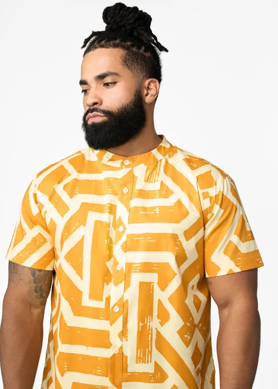 Oumar Men's African Print Mandarin Button-up Shirt (Gold Cream Tribal) sold by D'iyanu