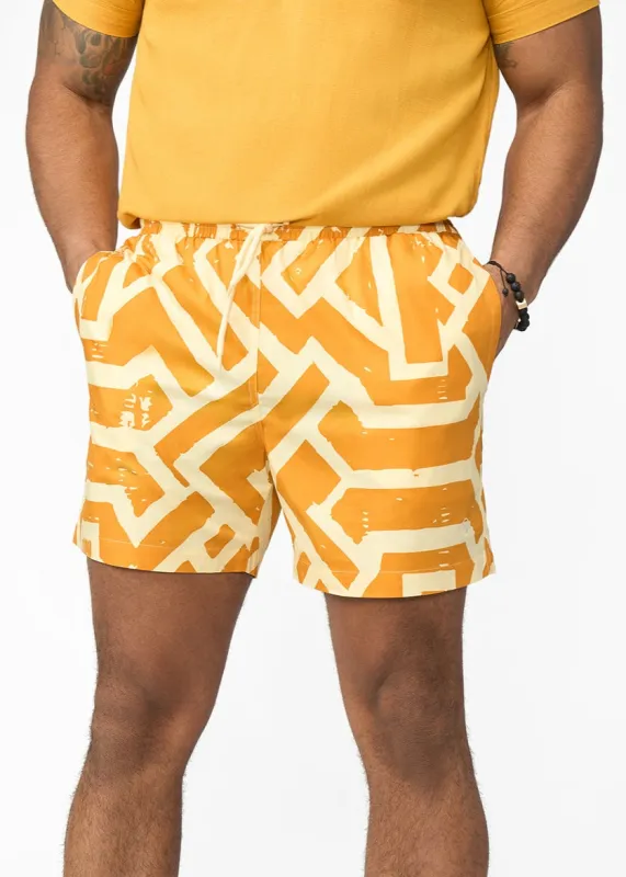 Tiziri Men's African Print Shorts (Gold Cream Tribal) - Clearance sold by D'iyanu