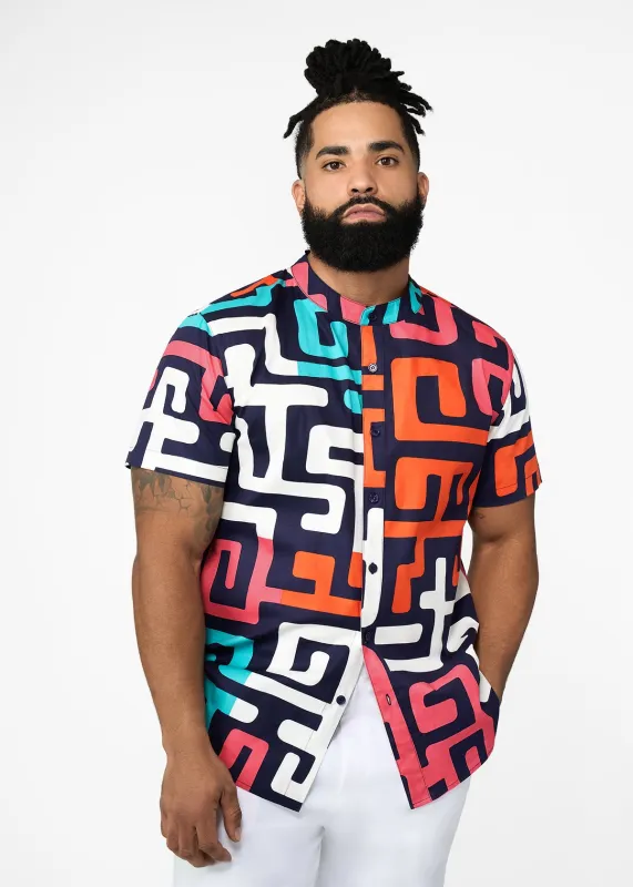 Oumar Men's African Print Mandarin Button-up Shirt (Confetti Kuba) sold by D'iyanu