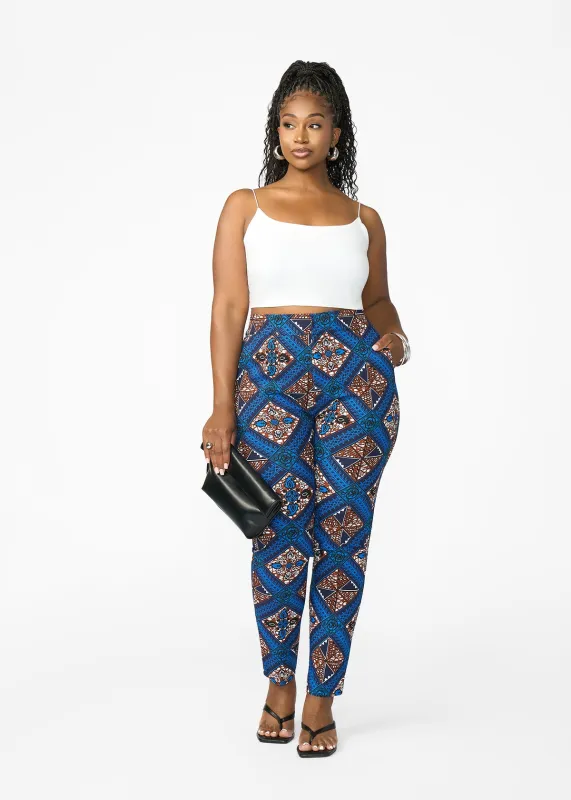 Talia Women's African Print Stretch Pants (Blue Tan Diamonds) sold by D'iyanu