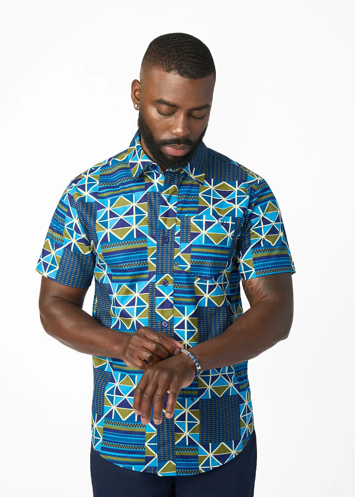 Keyon Men's African Print Button-up Shirt (Navy Olive Kente) sold by D'iyanu