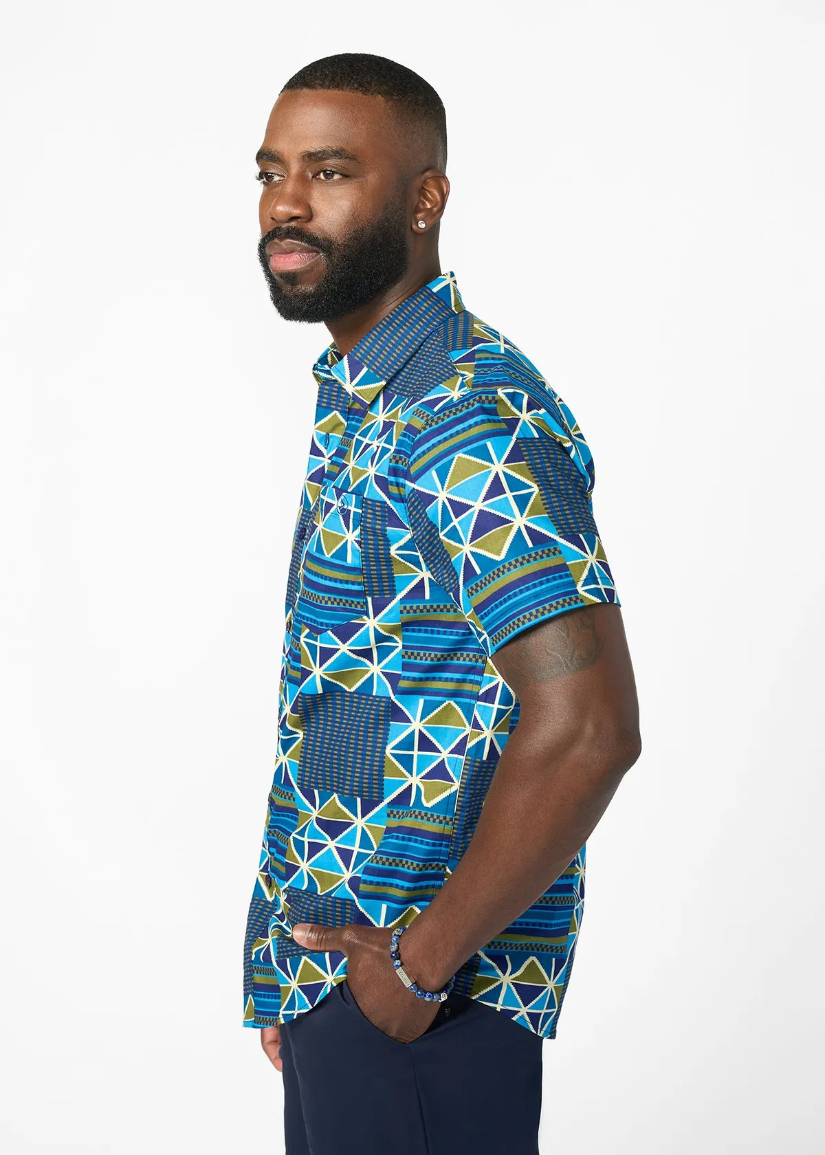 Keyon Men's African Print Button-up Shirt (Navy Olive Kente) sold by D'iyanu product image thumbnail 3