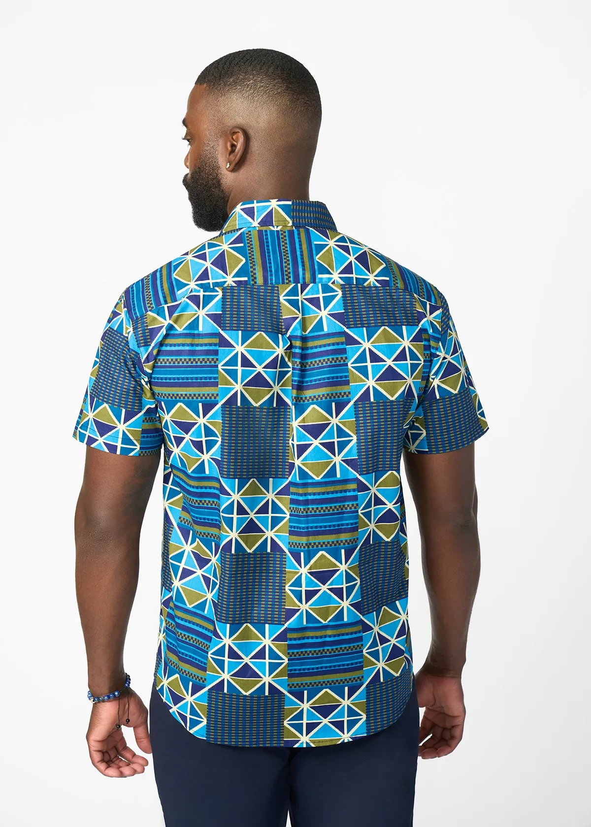 Keyon Men's African Print Button-up Shirt (Navy Olive Kente) sold by D'iyanu product image thumbnail 4