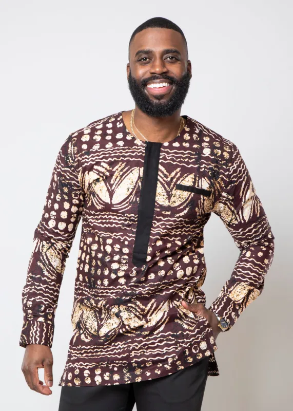 Ibrahim Men's African Print Traditional Shirt (Brown Black Adire) sold by D'iyanu