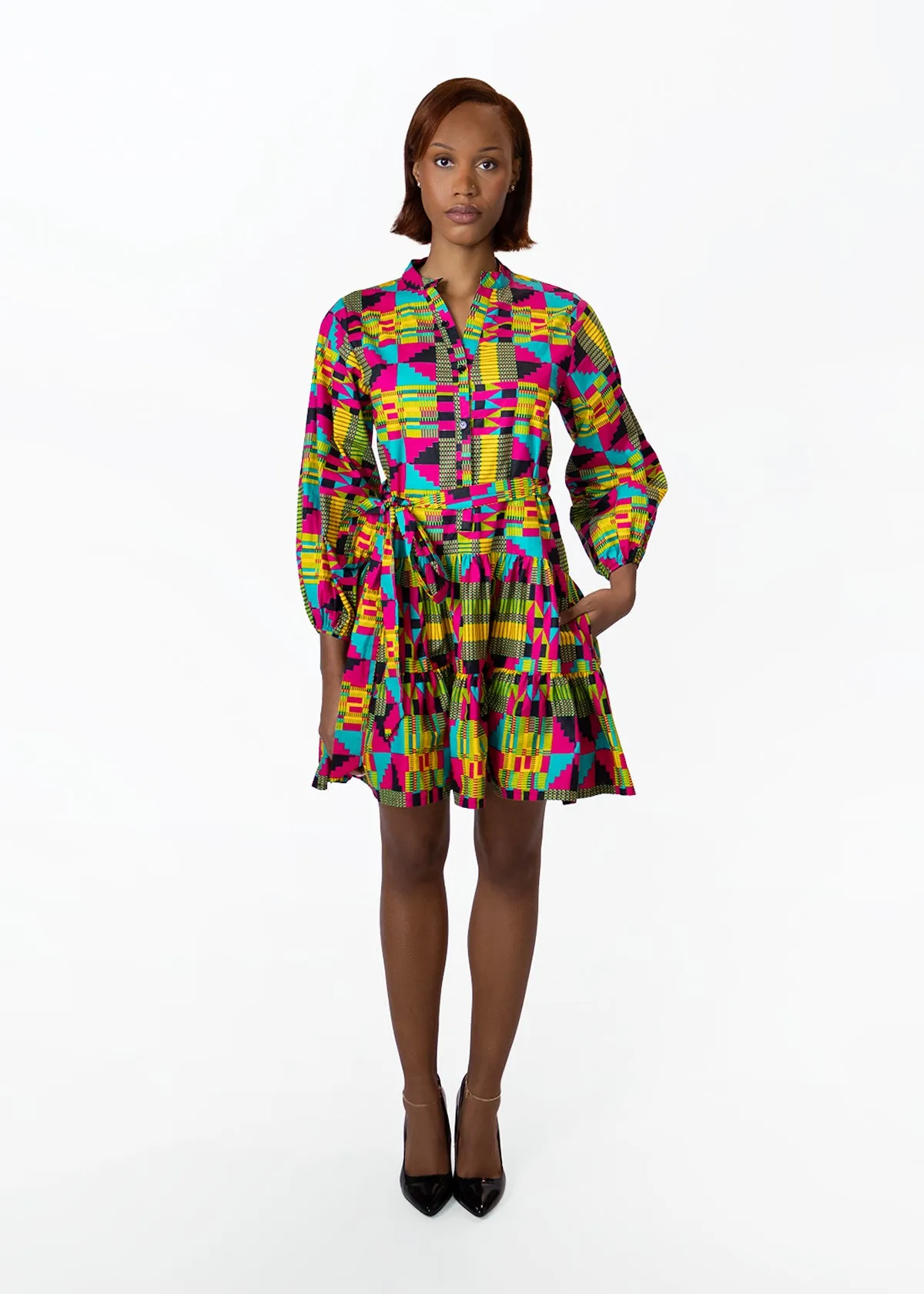 Malia Womens African Print Mini Dress (Raspberry Yellow Kente) - Clearance sold by D'iyanu product image thumbnail 3