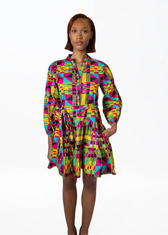 Malia Womens African Print Mini Dress (Raspberry Yellow Kente) - Clearance sold by D'iyanu