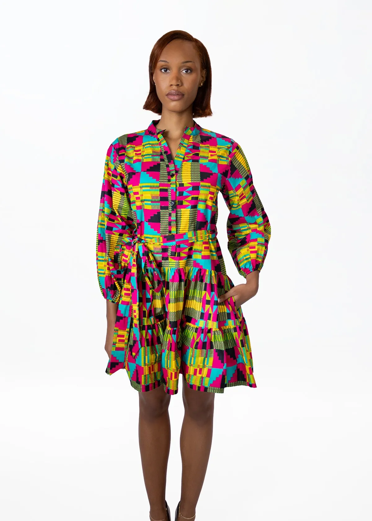 Malia Womens African Print Mini Dress (Raspberry Yellow Kente) - Clearance sold by D'iyanu