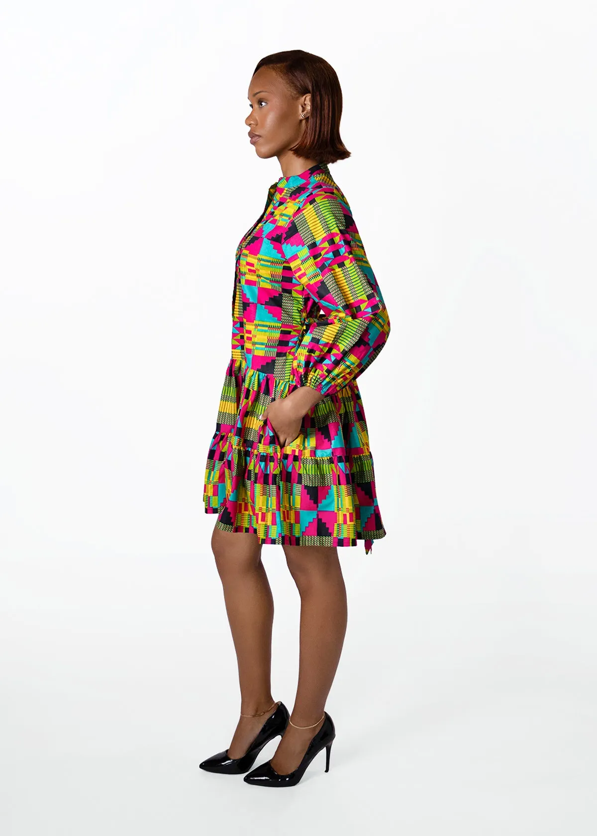 Malia Womens African Print Mini Dress (Raspberry Yellow Kente) - Clearance sold by D'iyanu product image thumbnail 2
