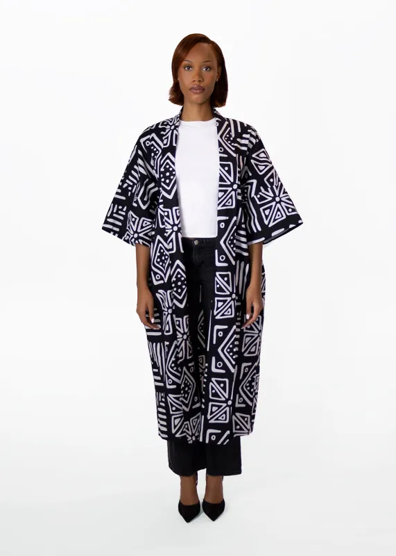 Ondina Women's African Print Kimono (Grayscale Tribal) sold by D'iyanu