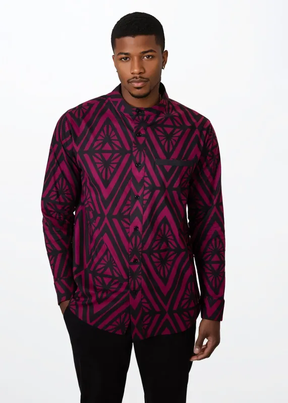 Jamal Mens African Print Mandarin Shirt (Plum Diamonds) sold by D'iyanu