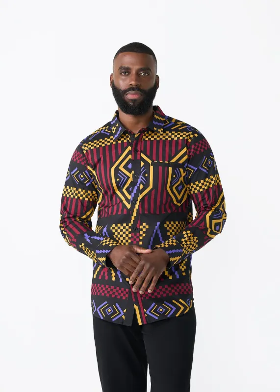 Mazi Men's African Print Button-up Shirt (Black Burgundy Tribal) sold by D'iyanu