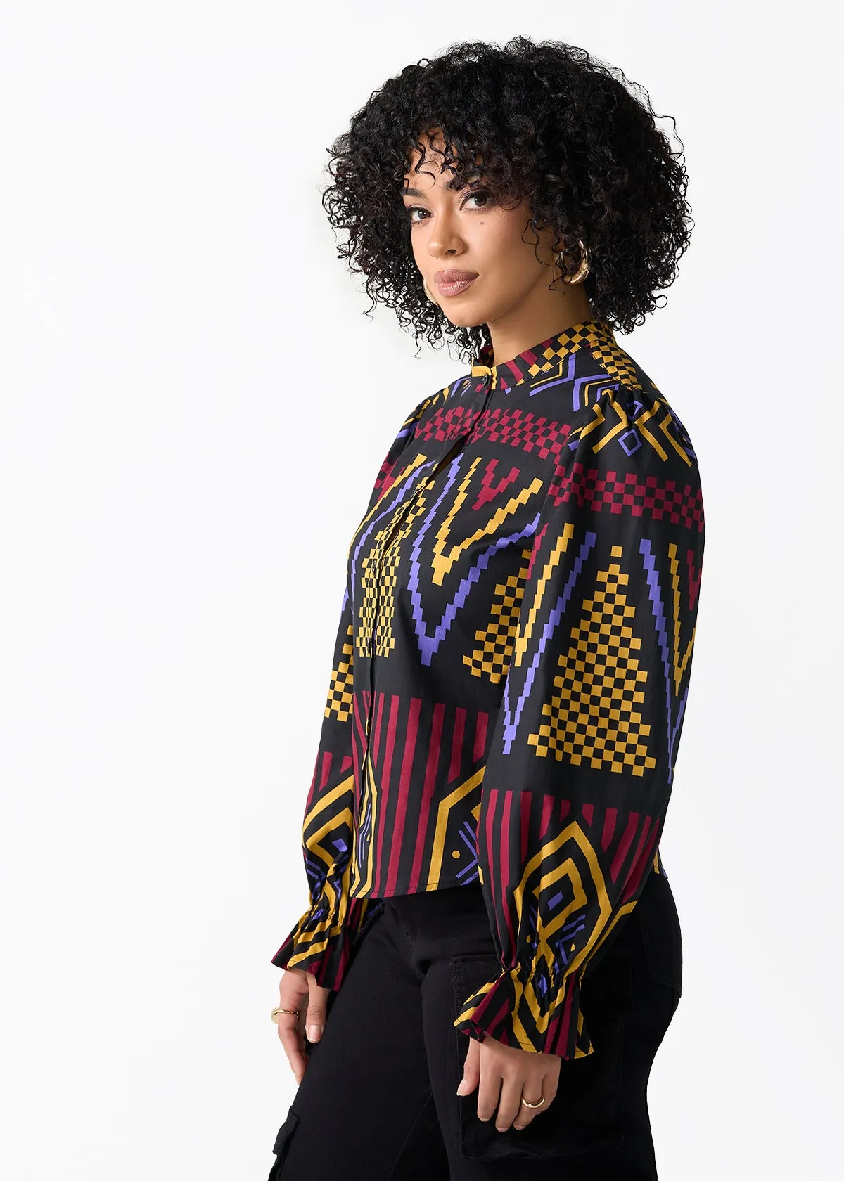 Jahzara Women's African Print Blouse (Black Burgundy Tribal) sold by D'iyanu product image thumbnail 3