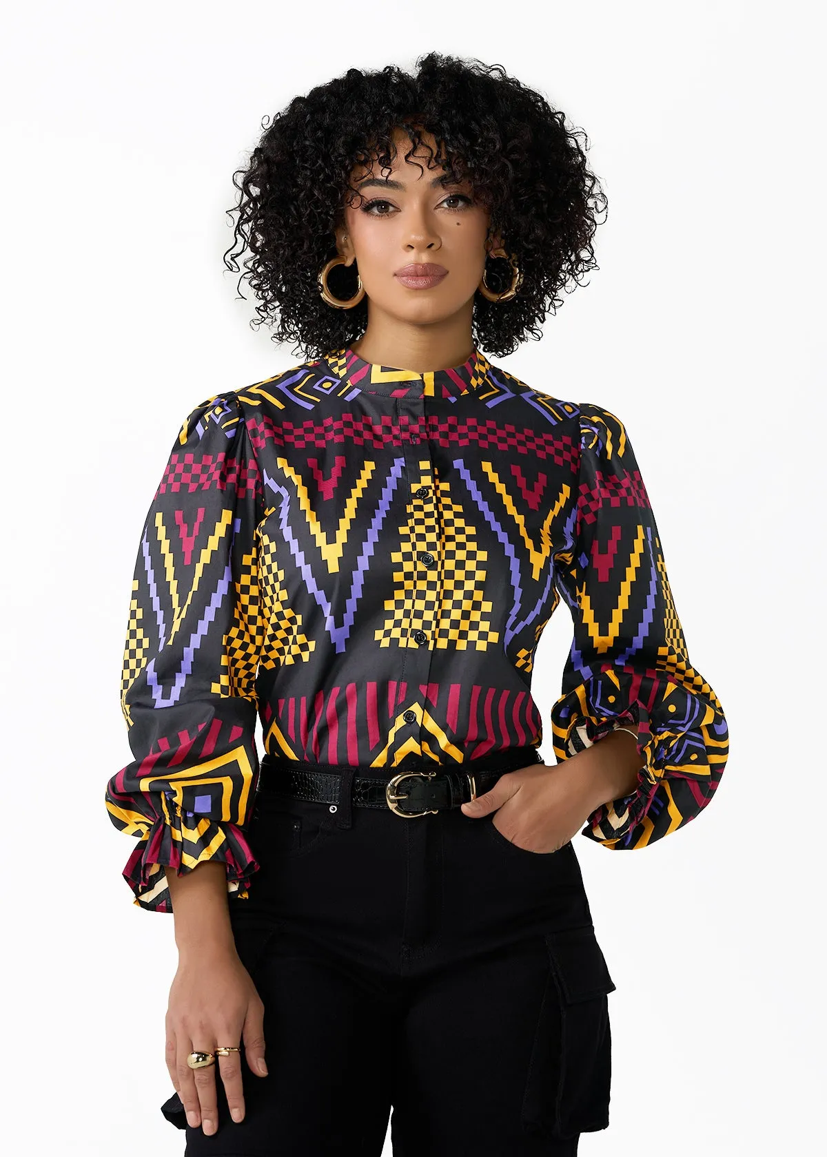 Jahzara Women's African Print Blouse (Black Burgundy Tribal) sold by D'iyanu product image thumbnail 4