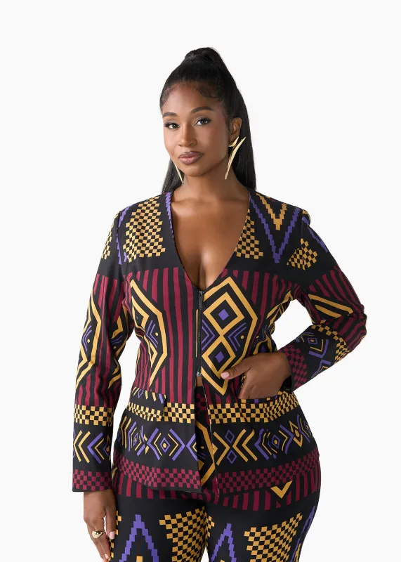 Fafa Women's African Print Stretch Zip-Up Blazer (Black Burgundy Tribal) sold by D'iyanu