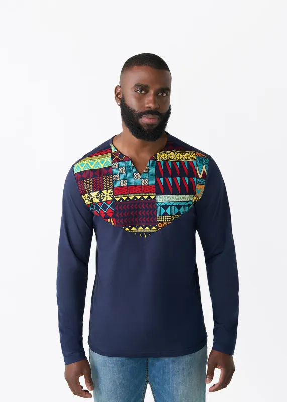 Rufaro Men's African Print Applique T-Shirt (Navy Multicolor Kente) sold by D'iyanu
