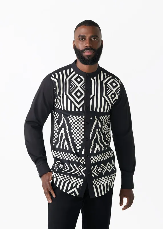 Arno Men's African Print Mandarin Button-up Shirt (Black Cream Tribal) sold by D'iyanu