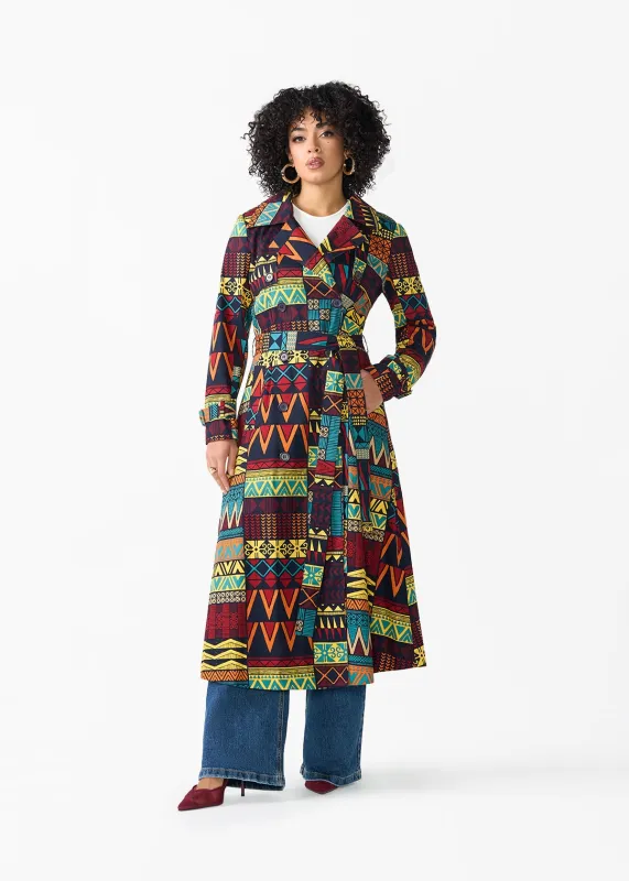 Ebony Women's African Print Utility Trench Coat (Navy Multicolor Kente) made by D'iyanu