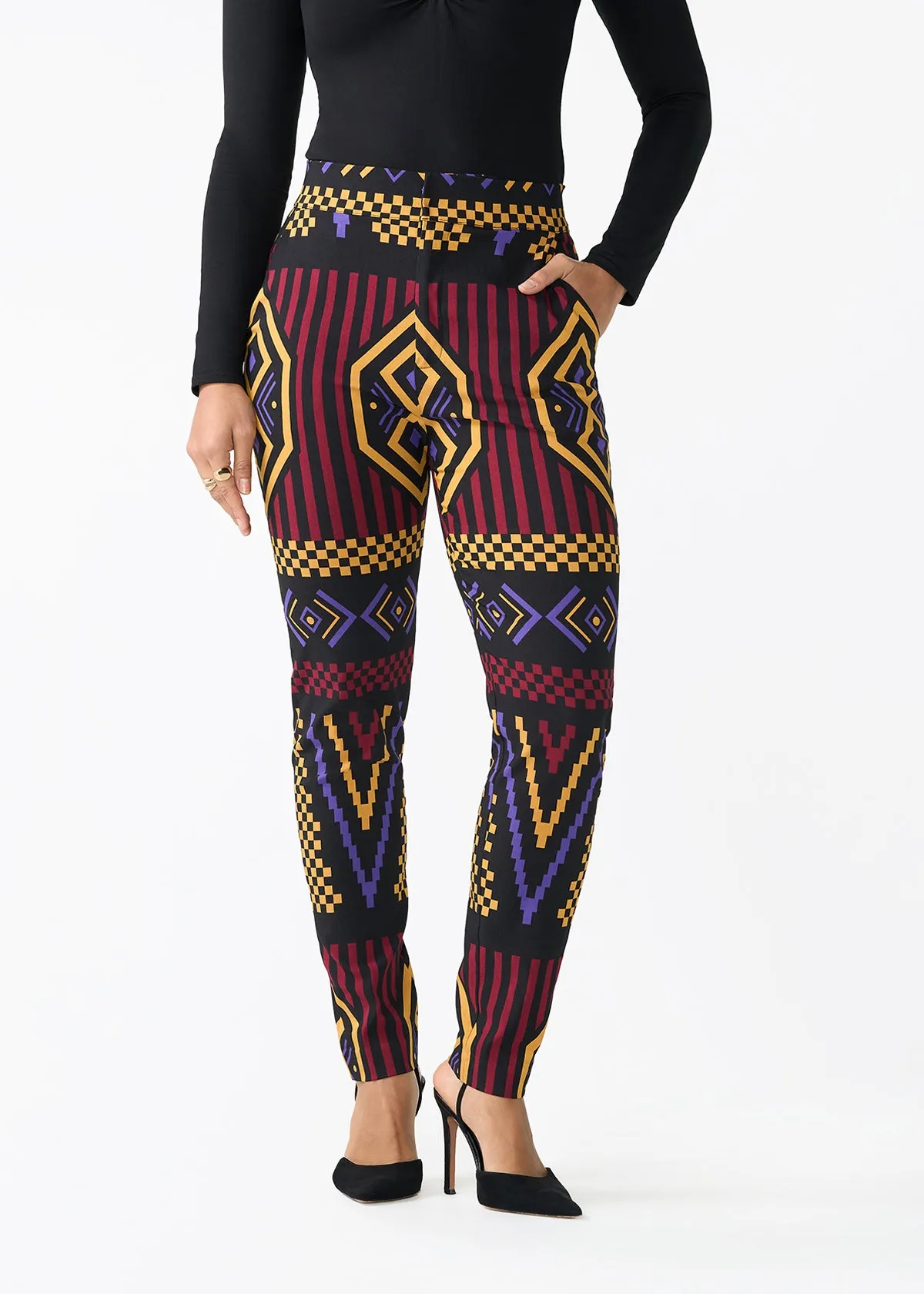Talia Women's African Print Stretch Pants (Black Burgundy Tribal) sold by D'iyanu product image thumbnail 3
